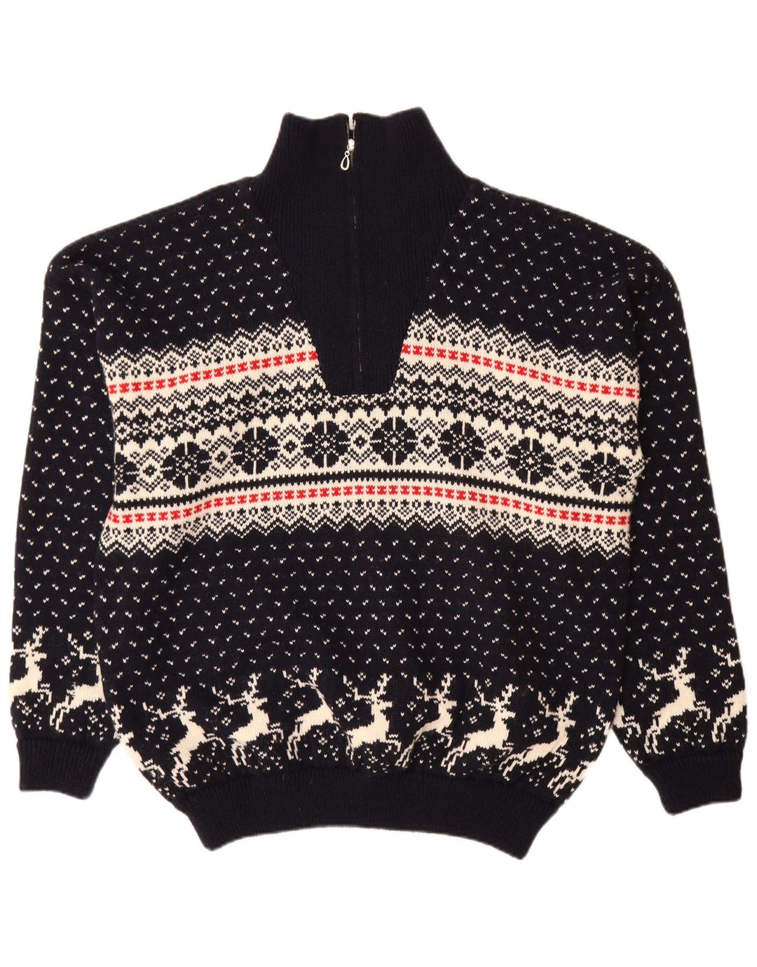 Suéter masculino vintage com zíper e gola XL azul marinho Fair Isle