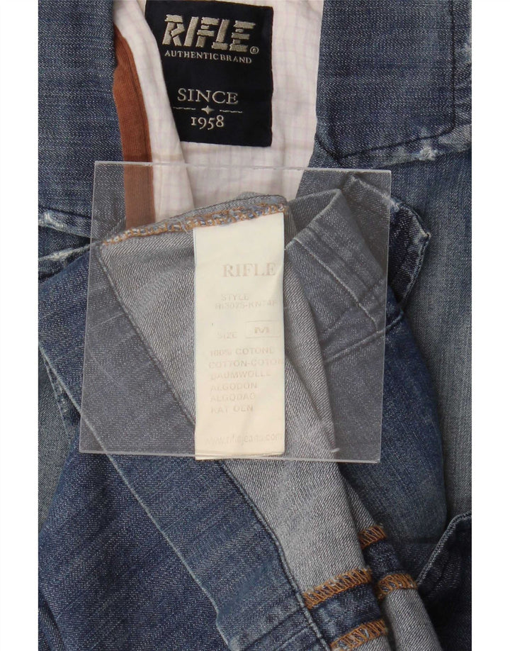 Jaqueta blazer jeans masculina rifle desgastada Reino Unido 38 algodão azul médio