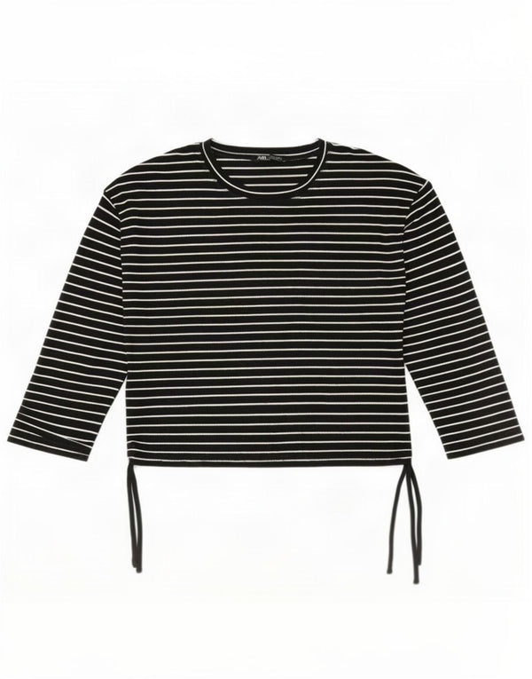 Top feminino Zara de manga comprida UK 16 poliéster listrado preto grande