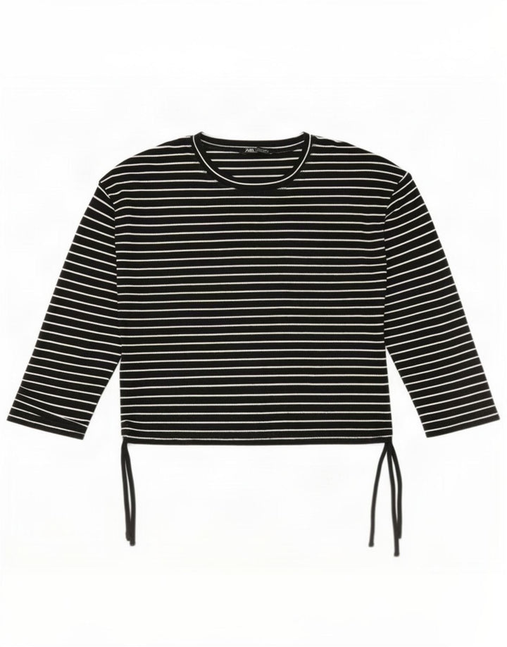 Top feminino Zara de manga comprida UK 16 poliéster listrado preto grande