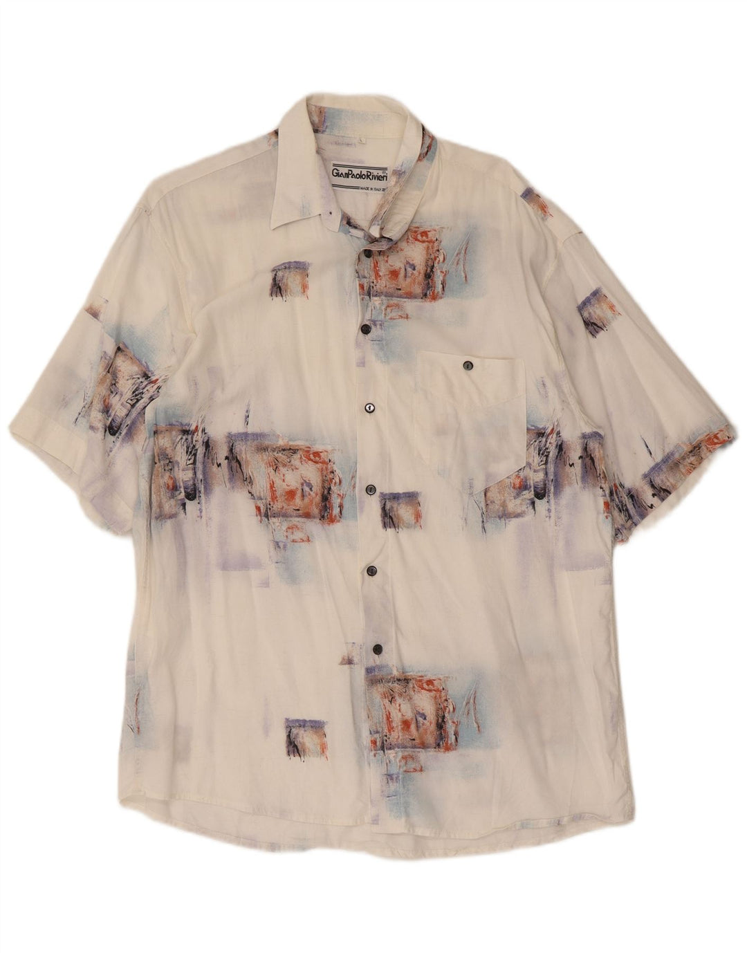 Camisa masculina vintage de manga curta grande patchwork branco