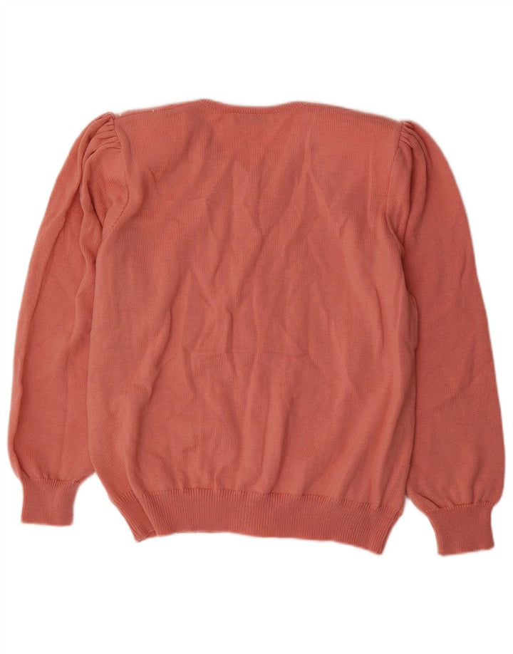 Suéter cardigã feminino vintage Reino Unido 16 grande lã rosa