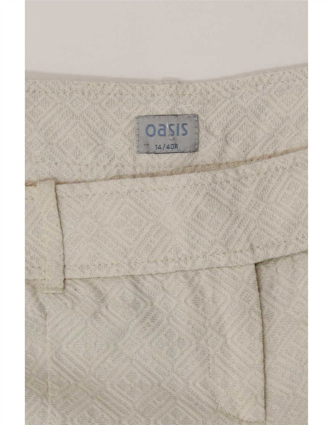 Bermuda feminina Oasis UK 14 médio W32 algodão geométrico branco