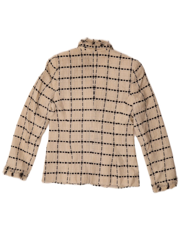 Jaqueta blazer feminina vintage com 3 botões Reino Unido 10 pequena lã xadrez branca