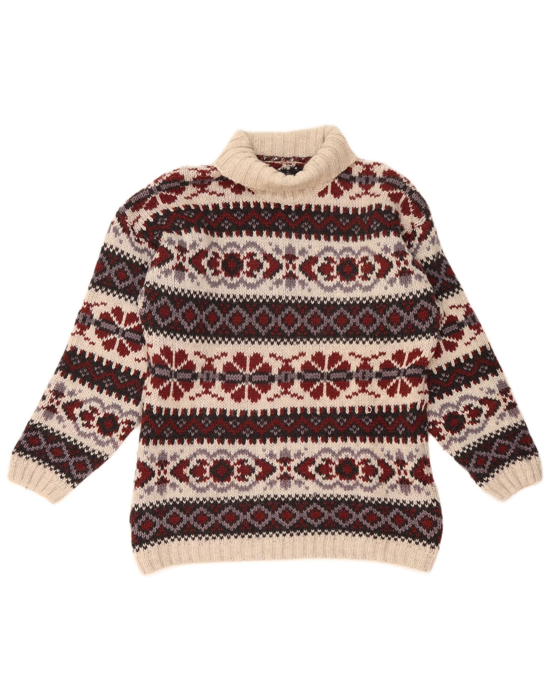 Suéter vintage masculino com gola redonda, médio multicolorido de lã Fair Isle
