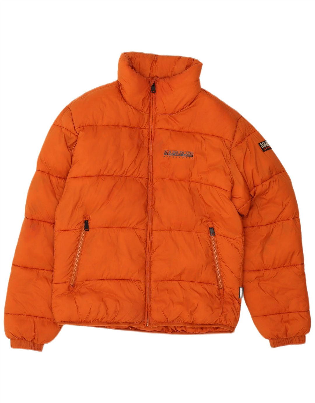 Jaqueta masculina acolchoada com gráfico geográfico Napapijri UK 36 pequena laranja