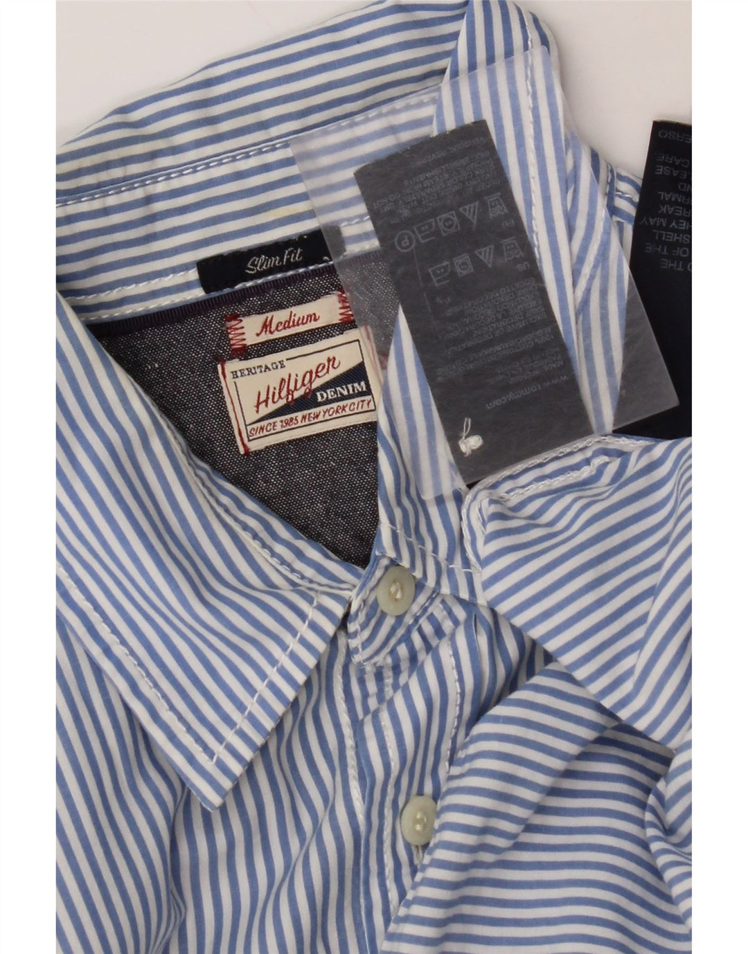 Camisa masculina TOMMY HILFIGER slim fit de algodão listrado azul médio