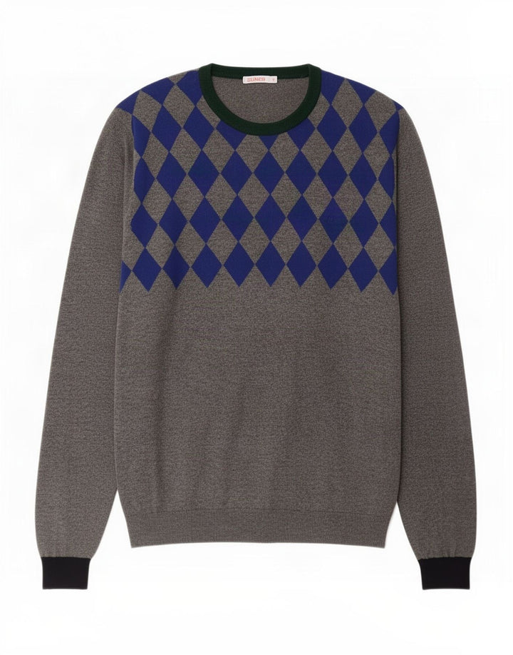 Suéter masculino Sun68 com gola redonda XL cinza Argyle/lã diamante