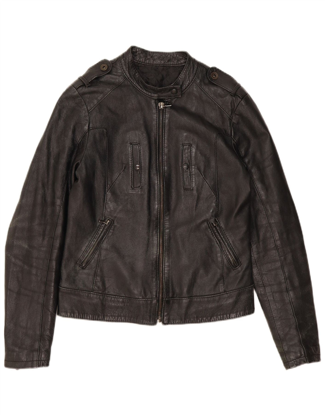 Jaqueta feminina vintage de couro para motociclista UK 12 couro preto médio