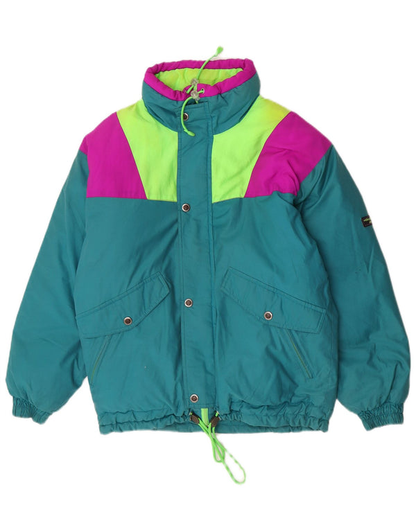Vintage Mens Hooded Padded Jacket UK 36 Small Green Colourblock Cotton