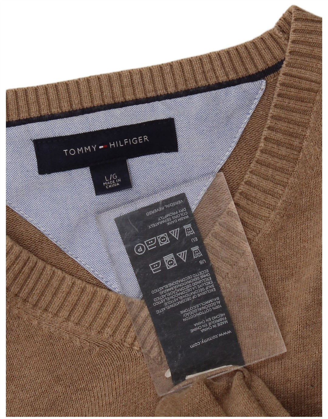 Suéter masculino TOMMY HILFIGER com decote em V grande algodão marrom