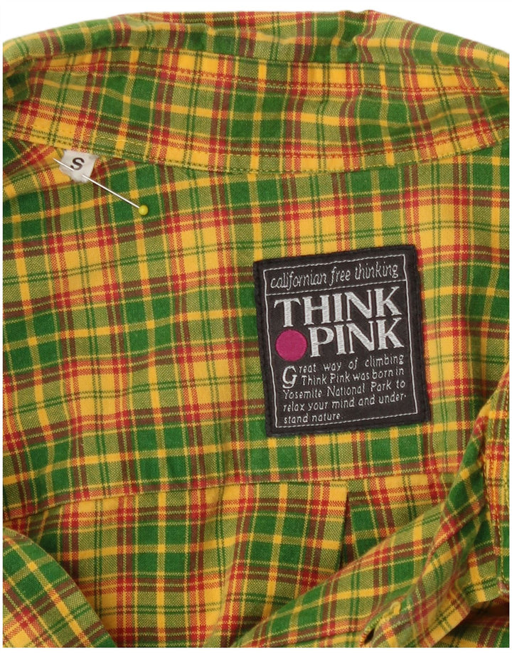 Camisa masculina de manga curta Think Pink de algodão xadrez amarelo pequeno