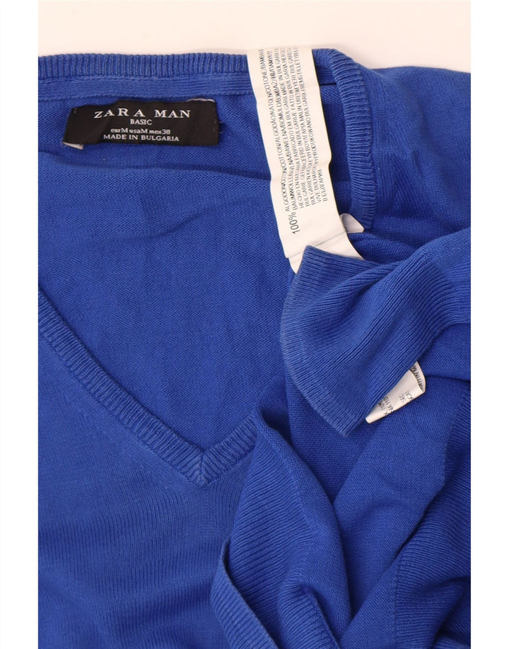 Zara Suéter masculino com gola V e algodão azul médio