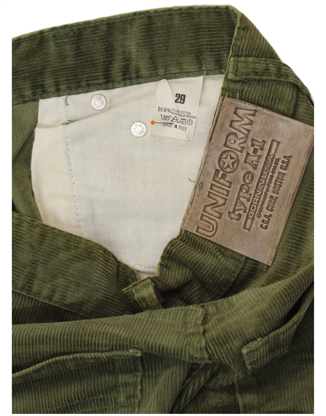 Calça feminina UNIFORM de veludo reto W29 L28 algodão cáqui