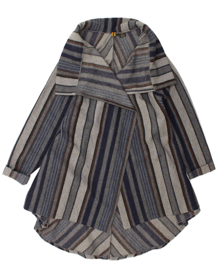 Sobretudo aberto feminino vintage UK 20 2XL lã listrada azul marinho