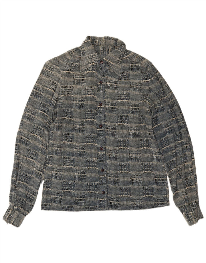 Camisa feminina vintage UK 12 azul médio geométrica