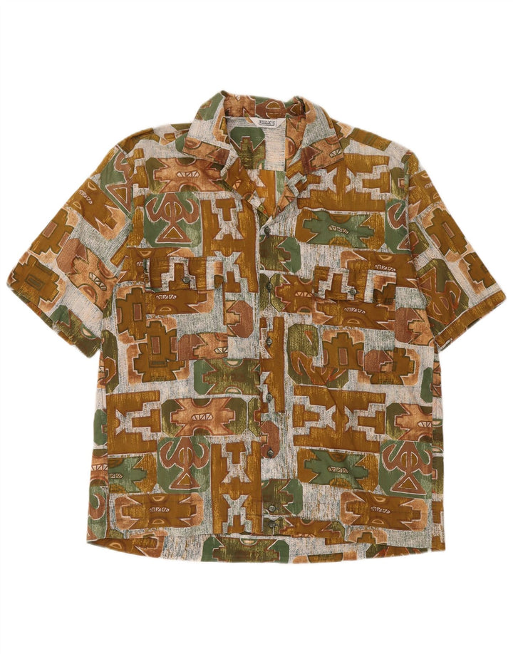 Camisa masculina vintage de manga curta médio cáqui geométrica