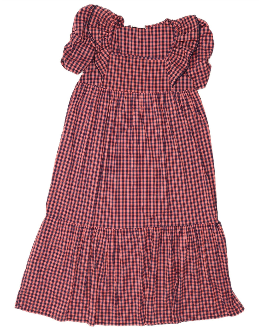 Vestido feminino Zara com babados Empire UK 10 pequeno poliéster rosa guingão