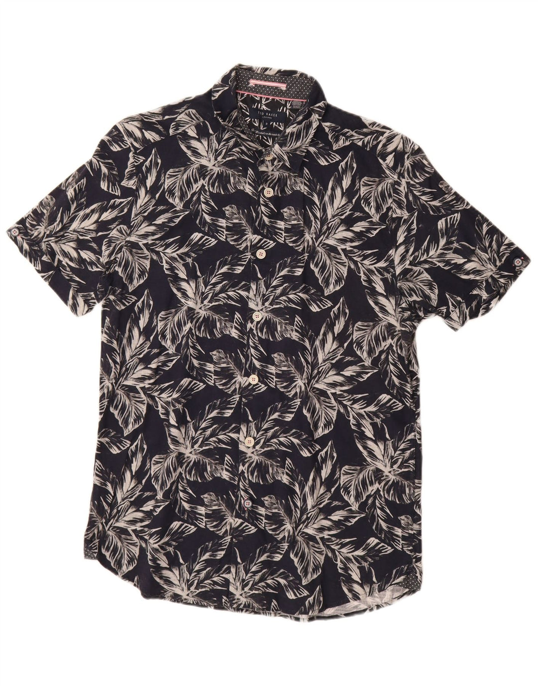 Camisa masculina de manga curta Ted Baker tamanho 3 algodão floral azul marinho médio