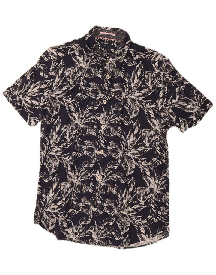 Camisa masculina de manga curta Ted Baker tamanho 3 algodão floral azul marinho médio