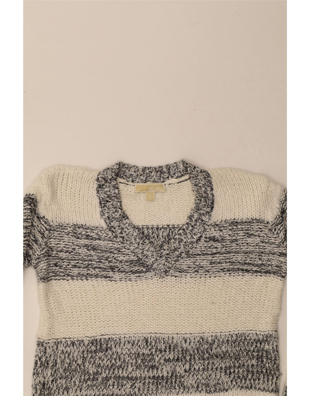 MICHAEL KORS Womens V-Neck Jumper Sweater UK 14 Medium Grey Striped Vintage Michael Kors and Second-Hand Michael Kors from Messina Hembry 