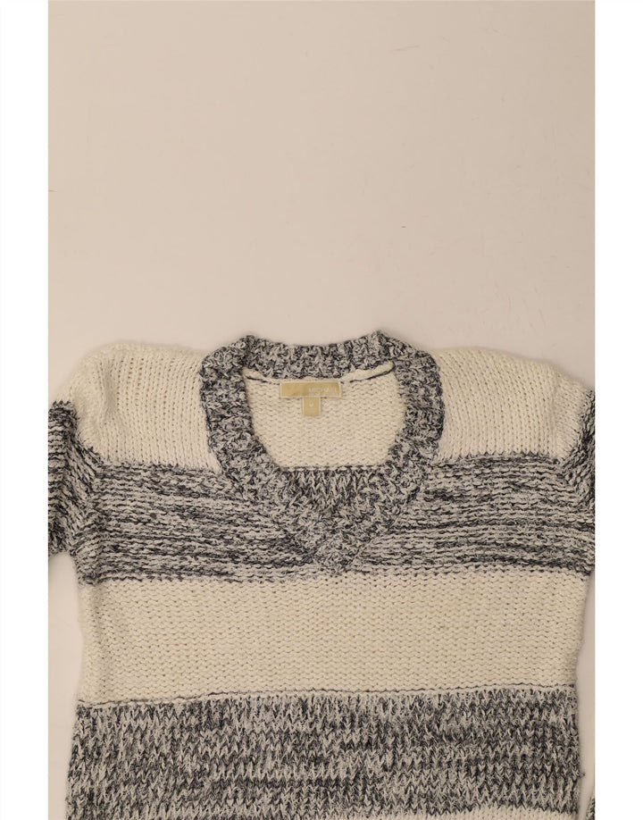 MICHAEL KORS Womens V-Neck Jumper Sweater UK 14 Medium Grey Striped Vintage Michael Kors and Second-Hand Michael Kors from Messina Hembry 
