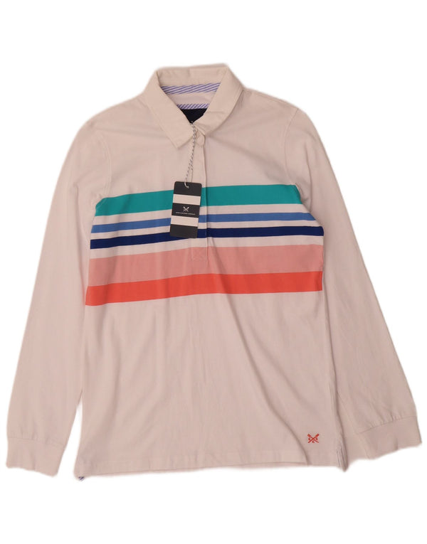 Camisa polo feminina de rugby de manga comprida da Crew Clothing Reino Unido 10 pequena listrada branca