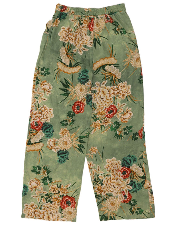 Zara Calça feminina casual de perna larga pequena W26 L30 poliéster floral verde