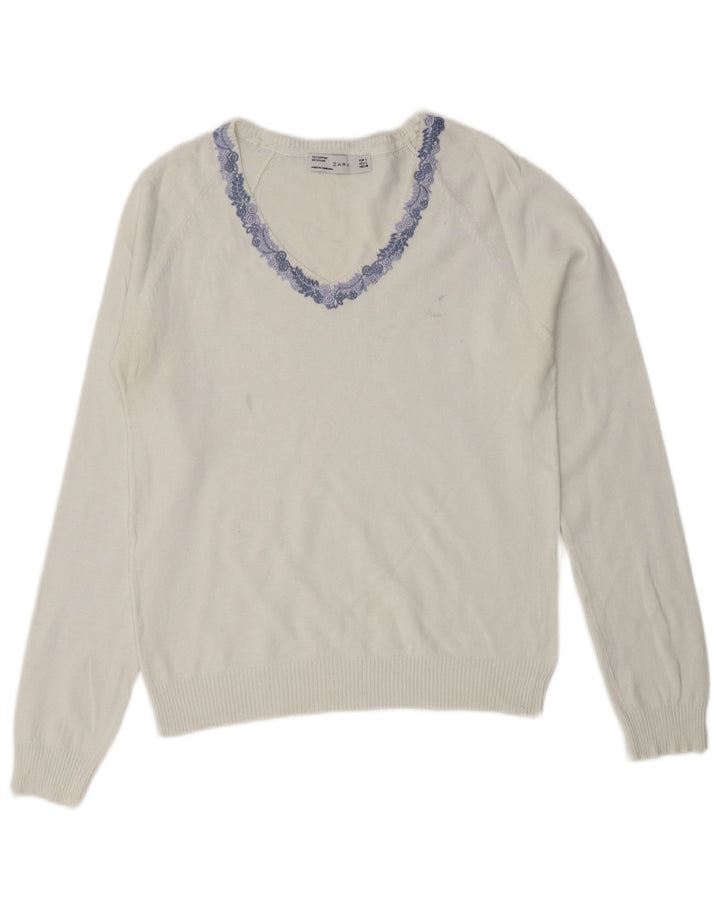 ZARA Womens V-Neck Jumper Sweater UK 14 Large White Cotton