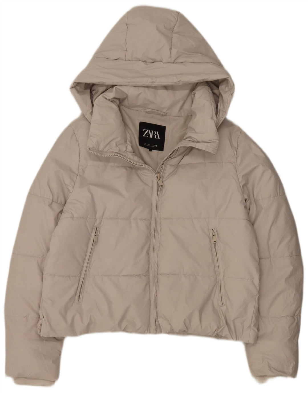 Jaqueta acolchoada com capuz feminina Zara UK 16 grande poliéster branco