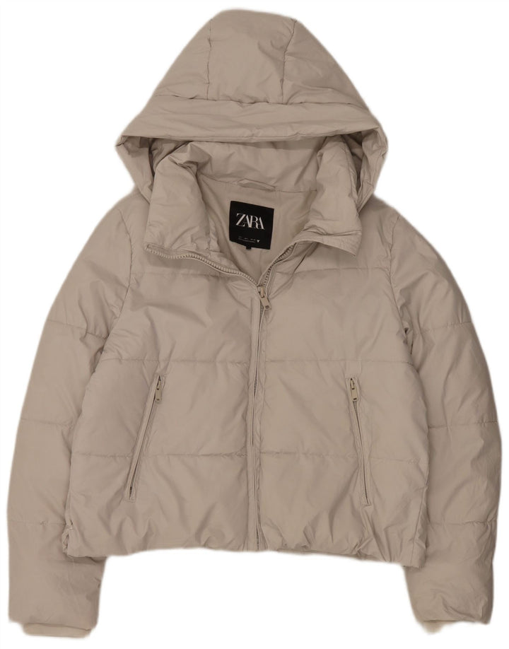 Jaqueta acolchoada com capuz feminina Zara UK 16 grande poliéster branco