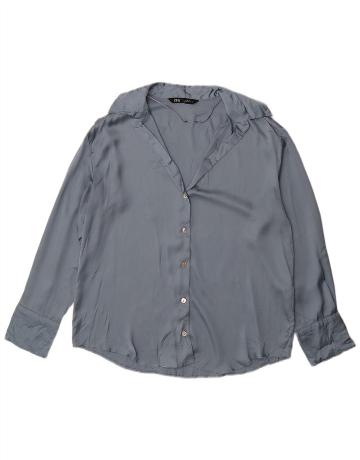 Blusa camisa feminina Zara Reino Unido 14 poliéster azul médio