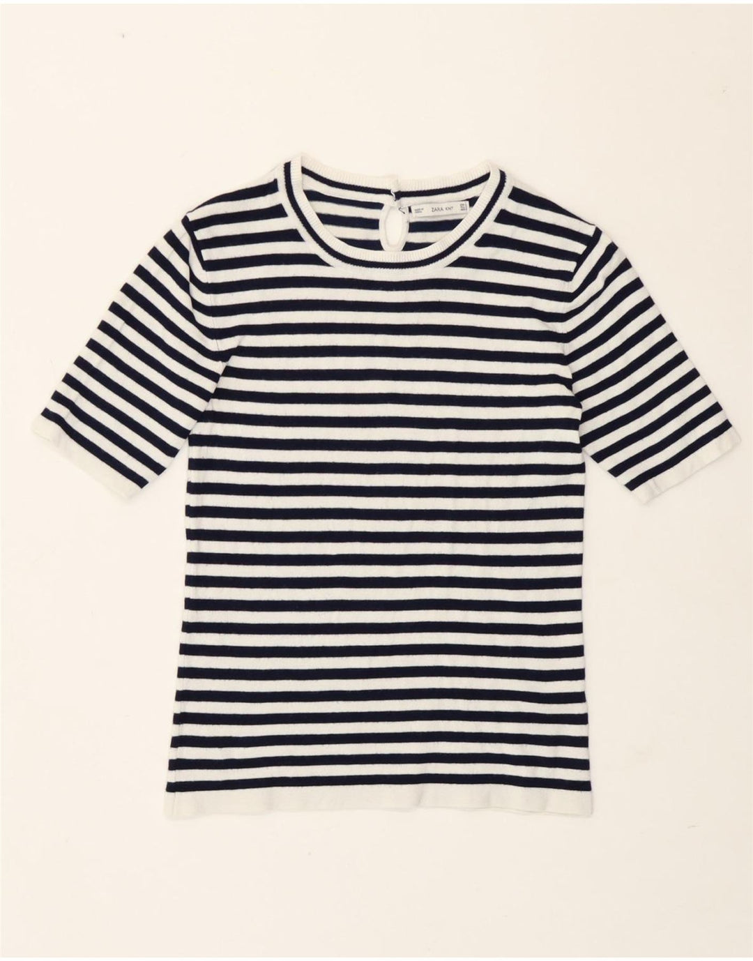 Camiseta feminina Zara UK 12 médio listrado azul marinho