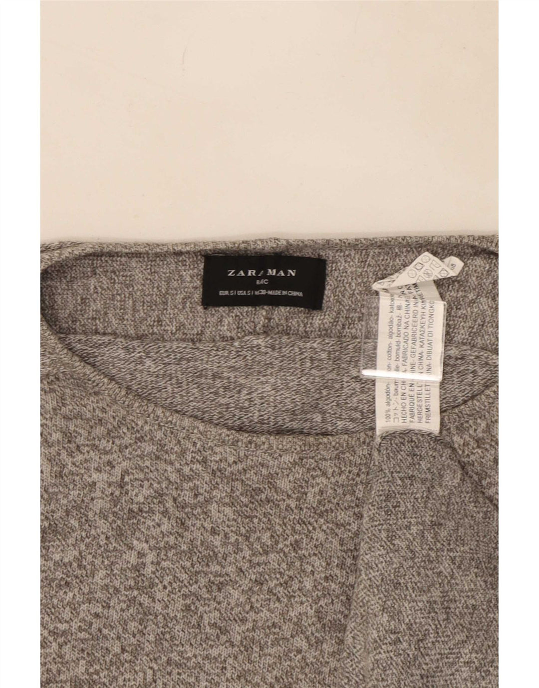 Zara Suéter masculino com gola redonda e algodão manchado cinza pequeno