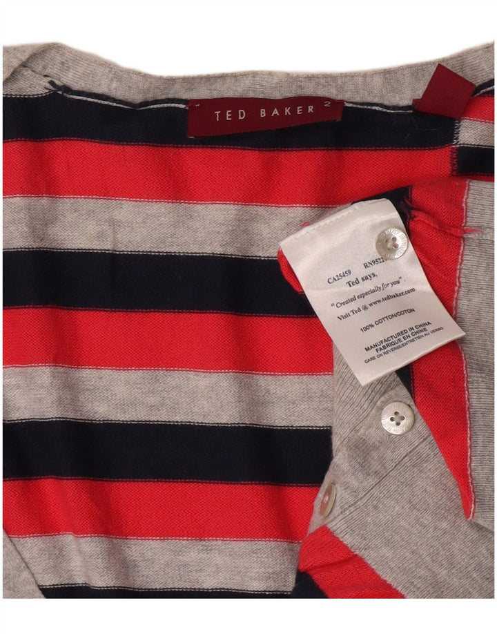 Suéter cardigã feminino Ted Baker tamanho 2 pequeno algodão listrado vermelho