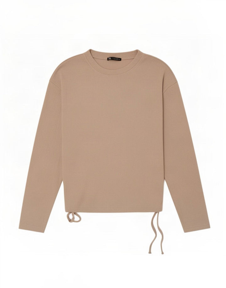 Top feminino Zara manga comprida UK 10 pequeno poliéster bege