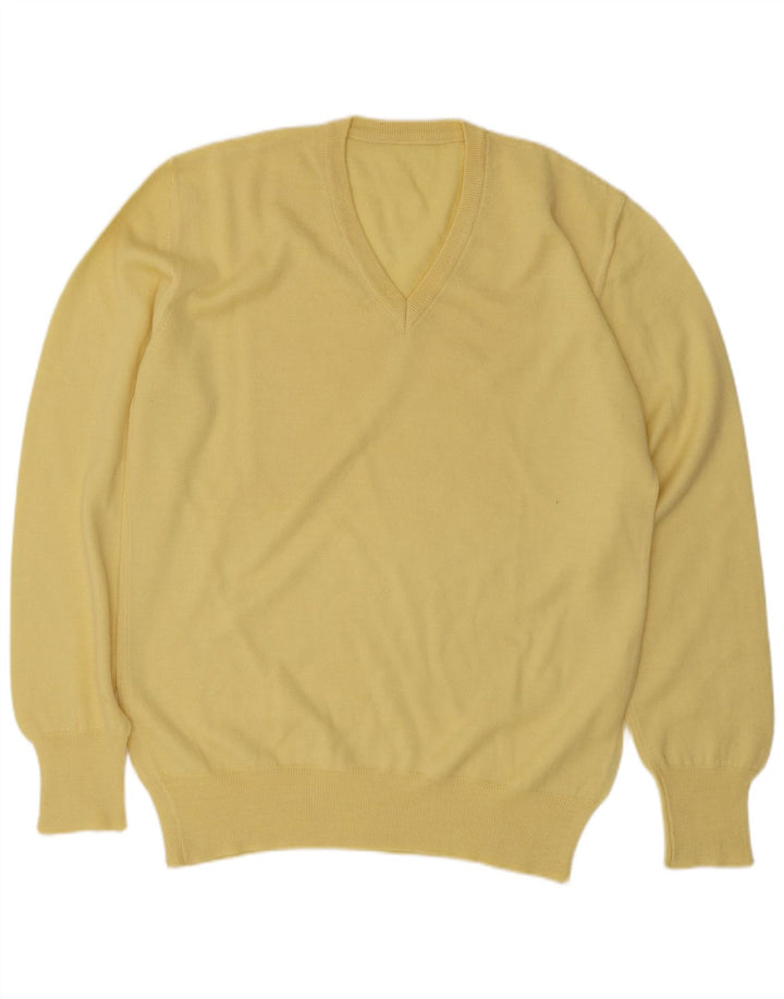 Suéter masculino vintage com decote em V de lã amarela média