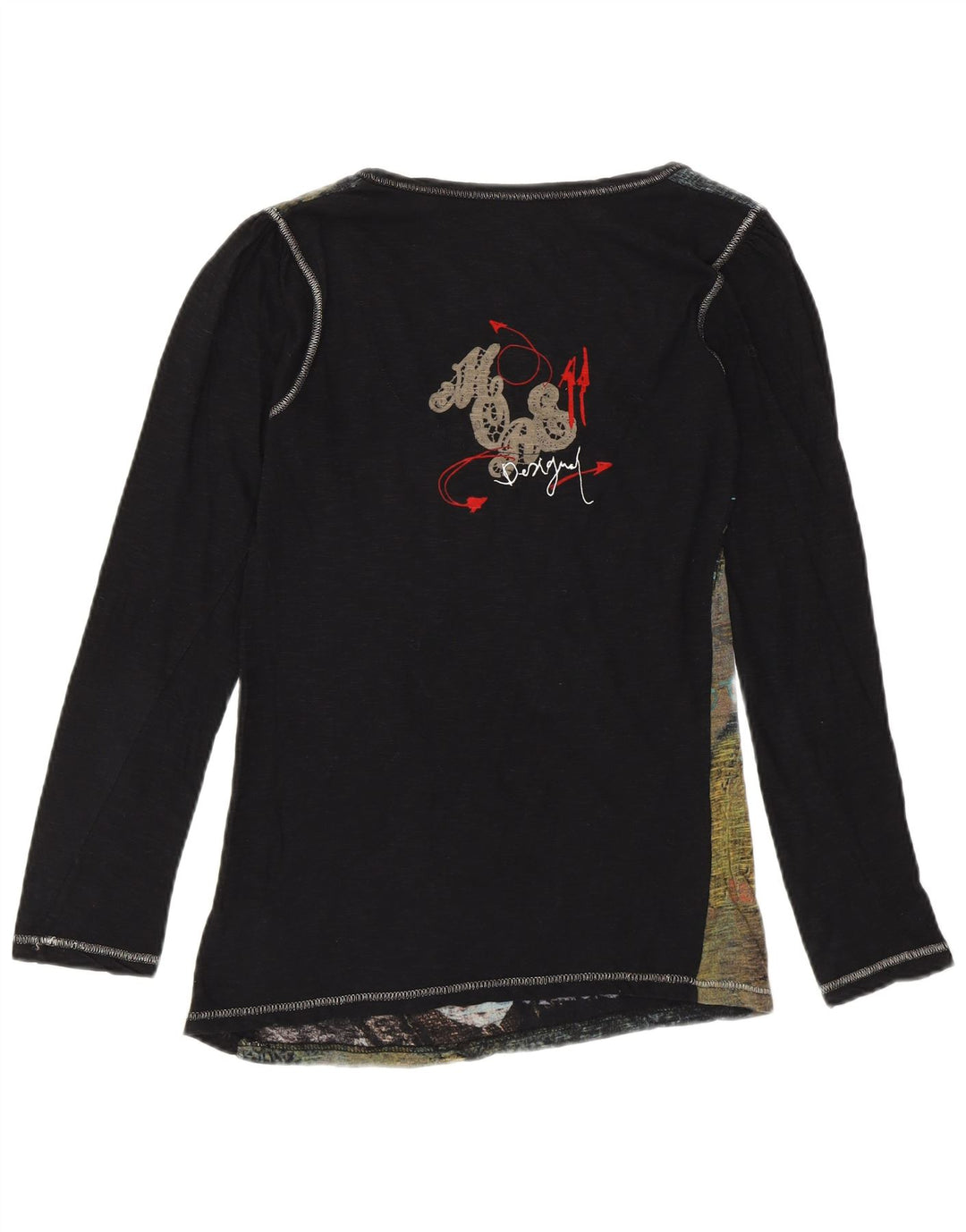 DESIGUAL Top gráfico feminino manga comprida UK 12 médio preto designer