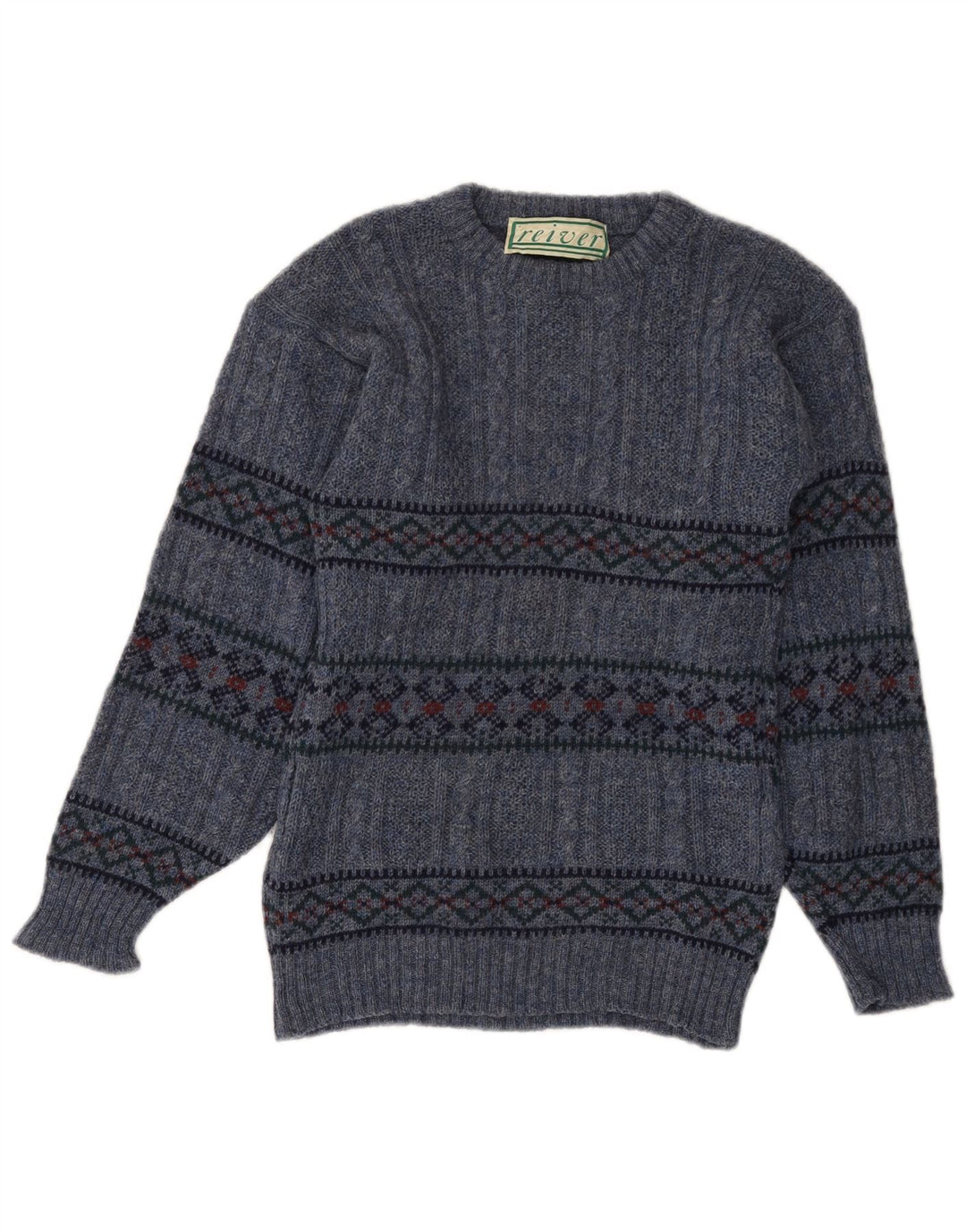 Suéter feminino VINTAGE com gola redonda UK 10 Small Blue Fair Isle