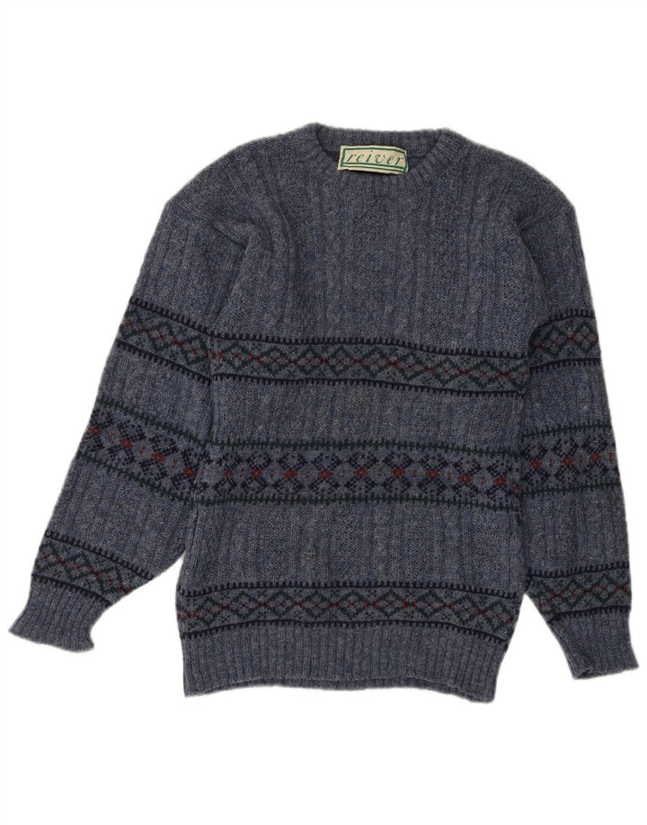Suéter feminino VINTAGE com gola redonda UK 10 Small Blue Fair Isle