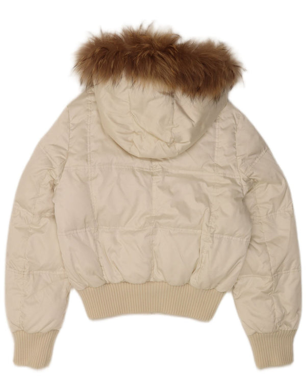 Jaqueta acolchoada com capuz feminina vintage UK 14 nylon branco médio