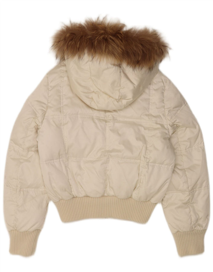 Jaqueta acolchoada com capuz feminina vintage UK 14 nylon branco médio