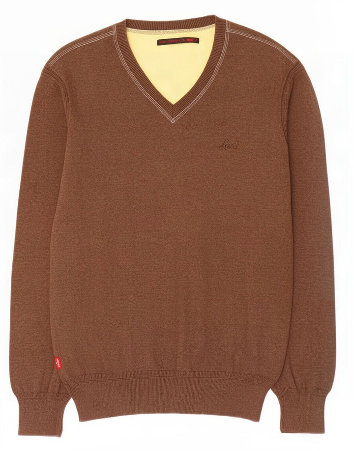 Suéter masculino Levi's com decote em V de algodão marrom médio