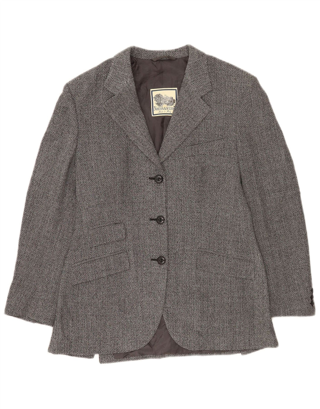 Jaqueta blazer feminina Norton & Wilson com 3 botões Reino Unido 12 espinha de peixe cinza médio
