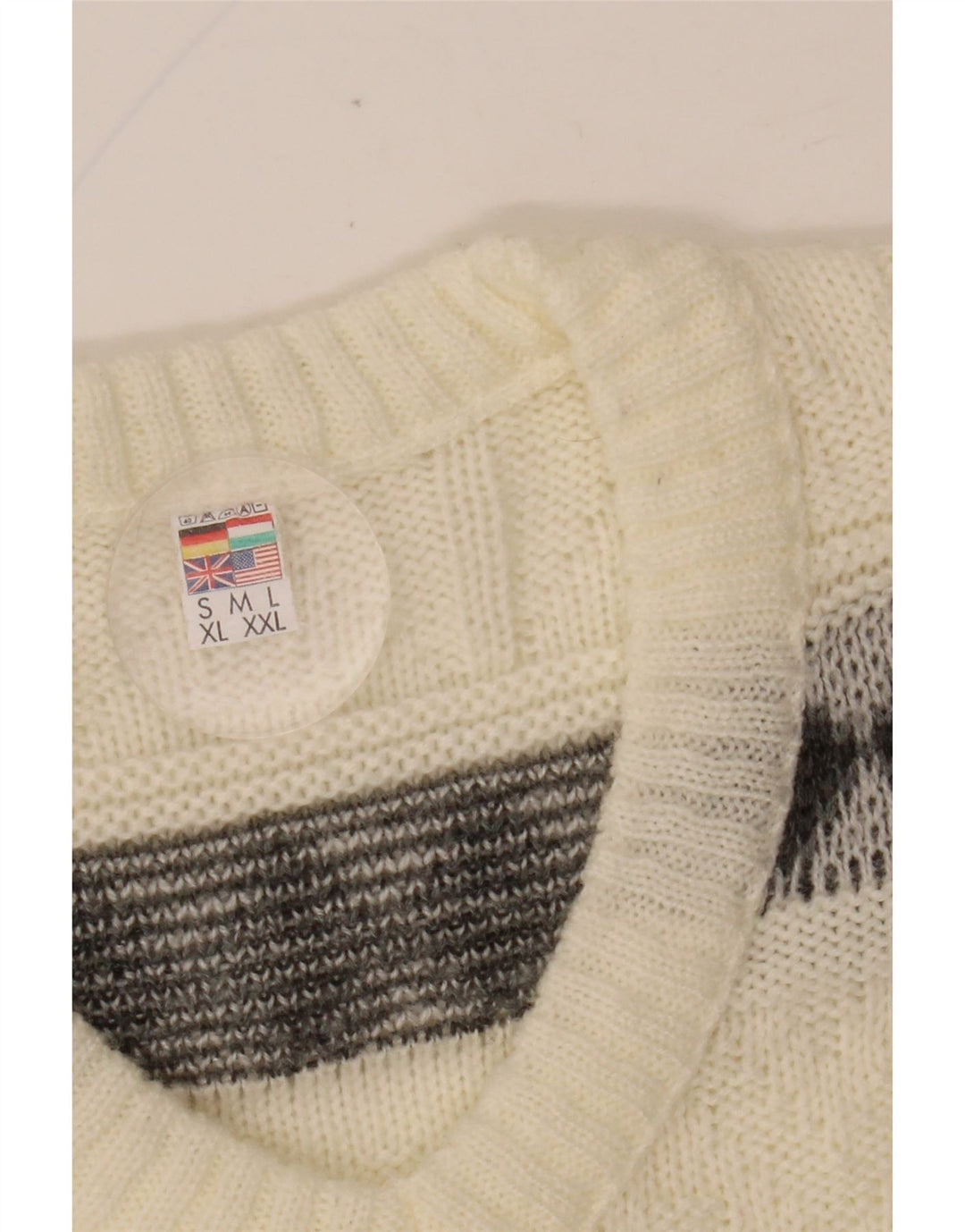 Suéter masculino VINTAGE com decote em V grande off white Fair Isle