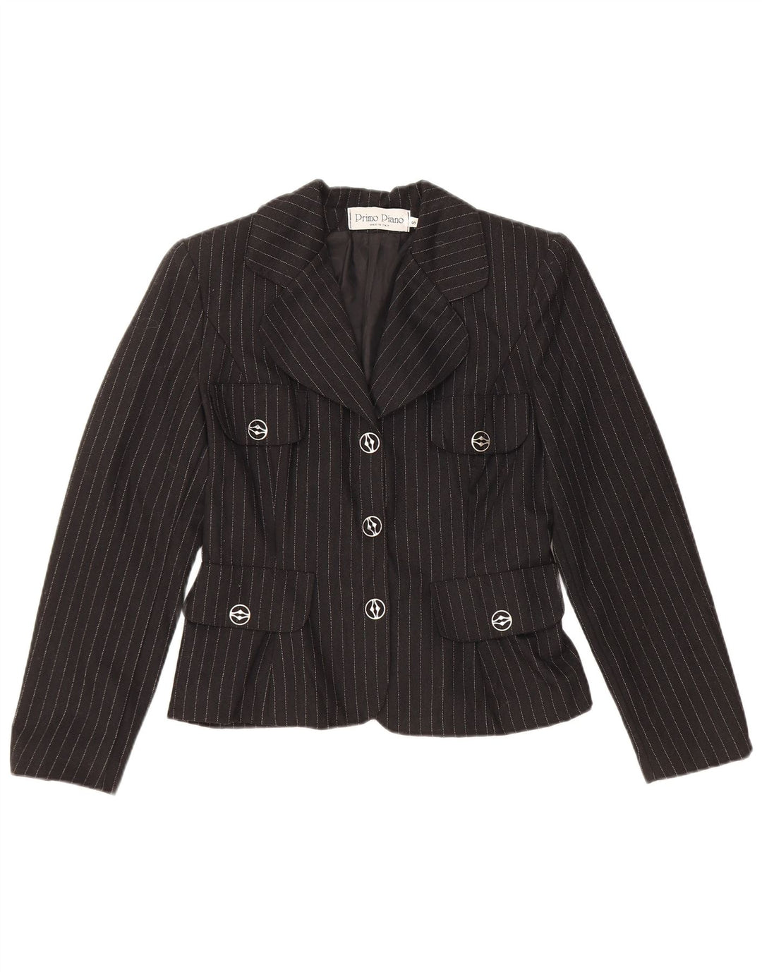 Jaqueta blazer feminina vintage com 3 botões Reino Unido 10 pequena viscose preta listrada