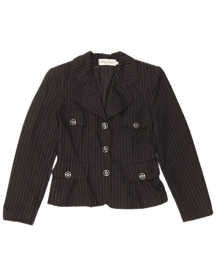 Jaqueta blazer feminina vintage com 3 botões Reino Unido 10 pequena viscose preta listrada