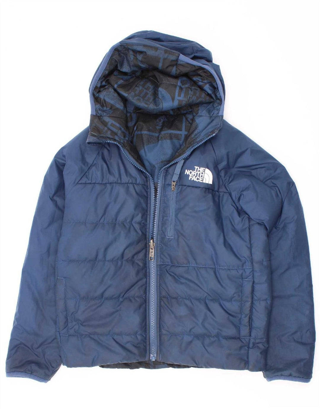 Jaqueta acolchoada reversível gráfica The North Face Boys 7-8 anos pequeno azul