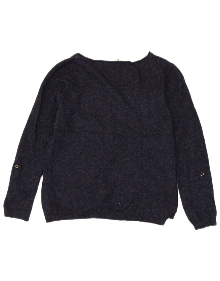 Suéter feminino branco com gola canoa e gola redonda, Reino Unido 12, azul marinho médio