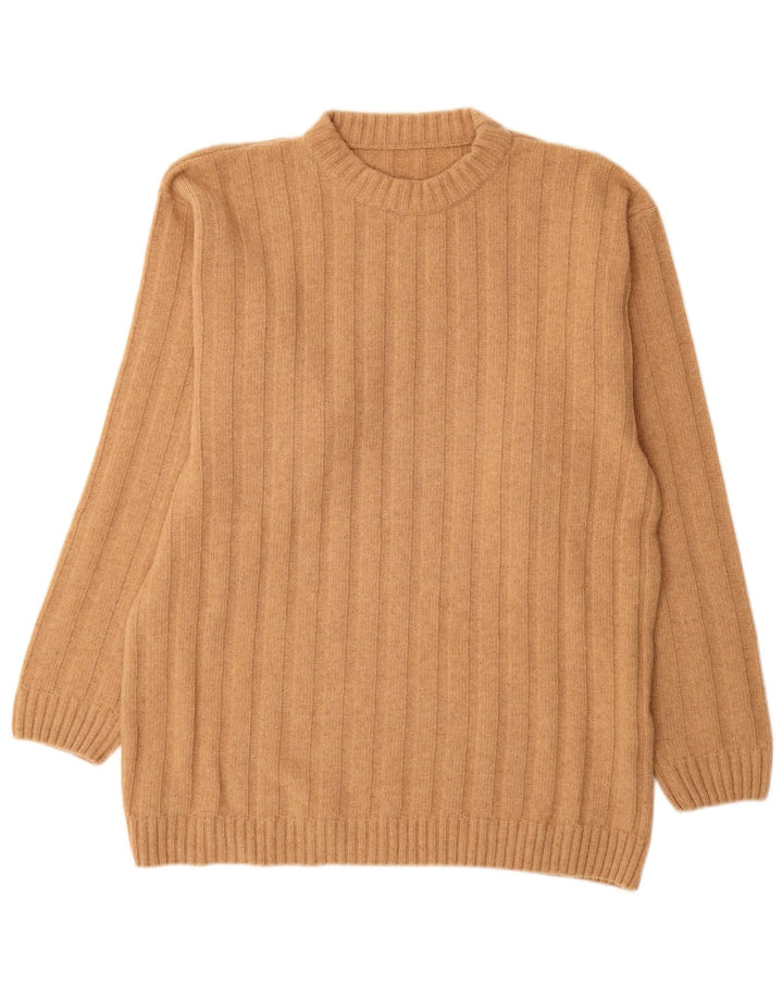 Suéter vintage masculino com gola redonda, grande lã bege
